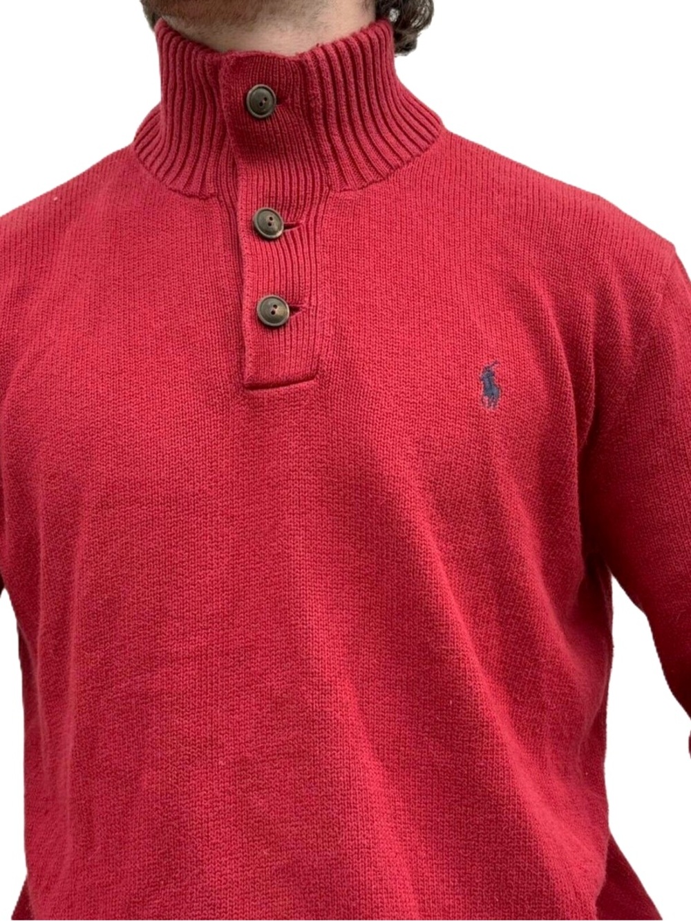 Polo by Ralph Lauren Red Cotton 3 Button Neck Pull Over Sweater Size M Classic